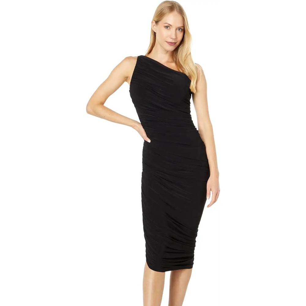 Norma Kamali Diana Knee Length One Shoulder Dress in black. Size XL
